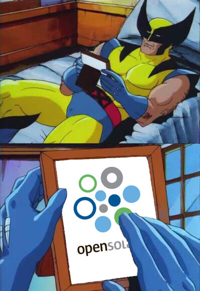 Wolverine picture frame meme with the opensolaris logo in the frame