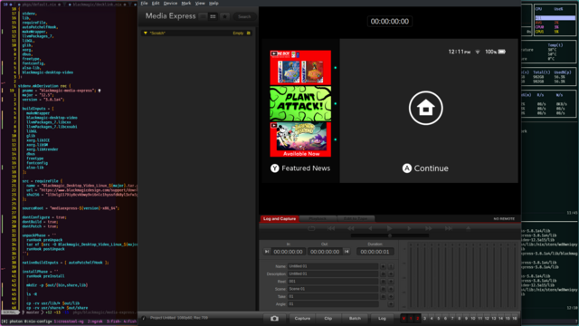 Screenshot of HDMI capture software displaying a Nintendo Switch startup screen on a Linux desktop.  A terminal is displayed behind it with code partially obscured.