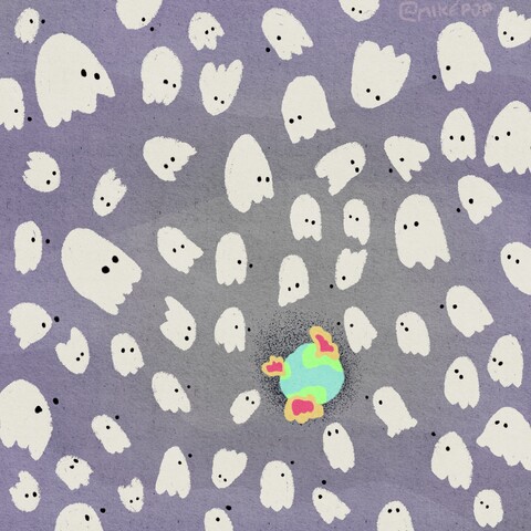 Dozens of ghost floating through space are transfixed by cataclysmic explosions emanating from a planet.