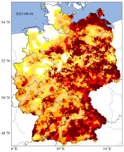 Die Karte zeigt große Gebiete mit extremer bis außergewöhnlicher Dürre. 