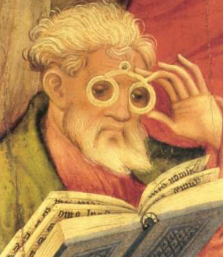 Detail of the "Glasses Apostle" painting in the altarpiece of the church of Bad Wildungen, Germany. Painted by Conrad von Soest in 1403, the painting is considered to be among the oldest depictions of eyeglasses north of the Alps. 