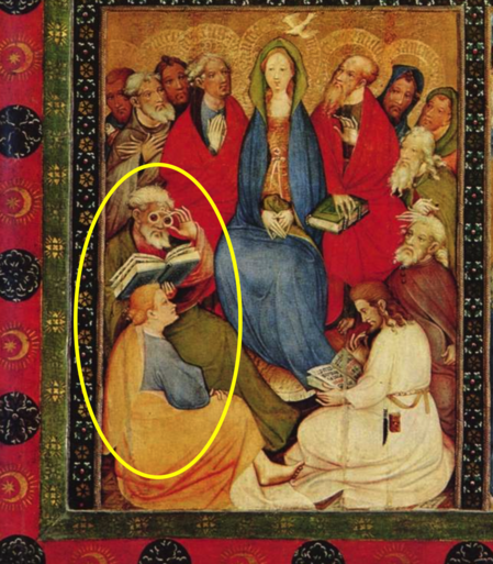 The "Glasses Apostle" painting is part of the altarpiece of the church of Bad Wildungen, Germany. Painted by Conrad von Soest in 1403.