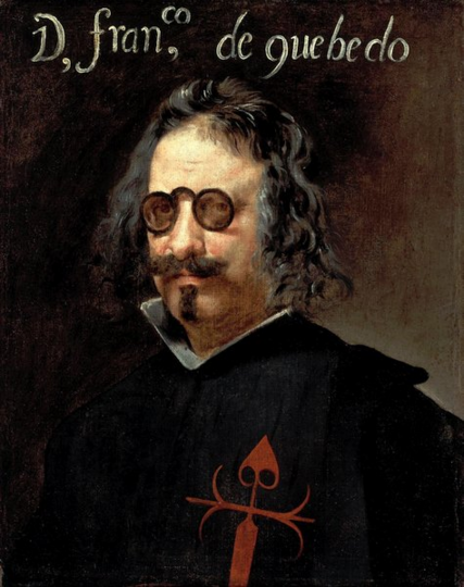 Painted portrait of Francisco de Quevedo, a seventeenth-century Spanish poet, wearing sunglasses. 