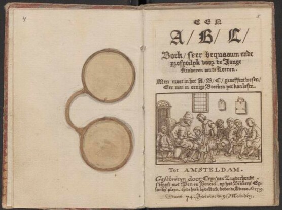 Cryn van Zuyderhoudt, a Dutch writing master, created a trompe l'oeil book in 1779 in which "forgotten" eyeglasses were part of the painting. 

Allard Pierson, Universiteit van Amsterdam, HS. XXXV A 33