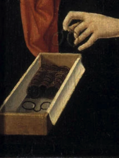 Detail of the painting "The Spectacles Seller" showing a boy with eyeglasses