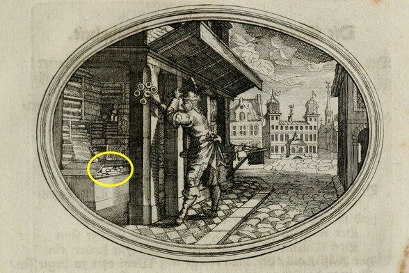Printed image from 1665 (from the book "Mundi lapis Lydius, oder, Der Welt Probier-Stein: das ist, Emblematische Sitten-Lehren") showing a shop in an urban setting. At the shop's dessk are eyeglasses on offer. 