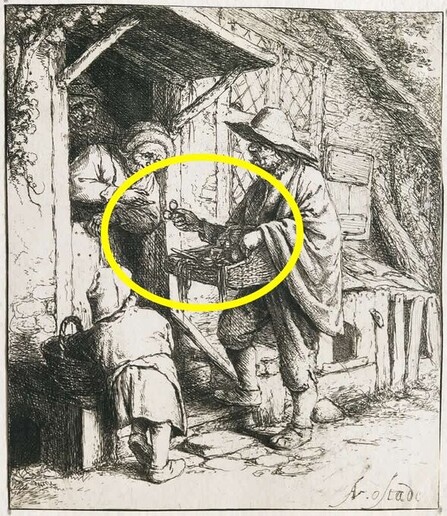 "The Spectacle Seller (Adriaen van Ostade), S5.19.4,” Harvard Art Museums collections. A mobile seller is selling eyeglasses to a woman standing at a door. 