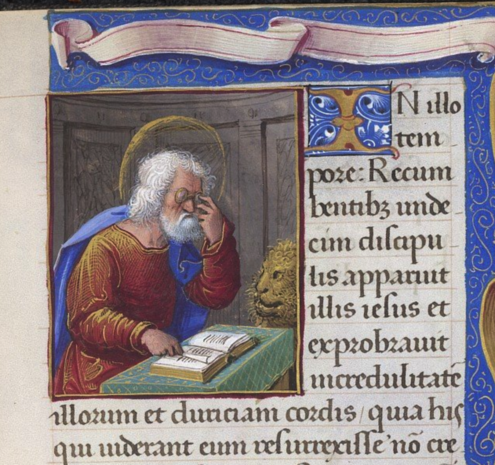 Details from a page from the "Book of Hours, Use of Rome", from circa 1500, showing Mark the Evangelist wearing eyeglasses. 