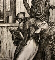 Detail from the print "Saint Pachomius" from Jan Sadeler (from the book Solitudo, sive, Vitae patrum eremicolarum, circa 1587). Saint Pachomius stands at a tree, and reads a book with eyeglasses on. 
