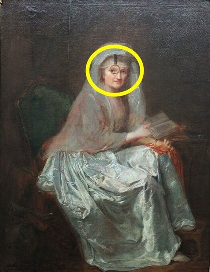 Painting of Anna Dorothea Therbusch, eighteenth century, wearing a special eyeglass. 