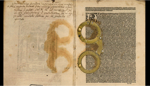 Page from "Summa angelica de casibus conscientiae", BSB München, 4 P. lat. 335, with the traces of forgotten eyeglasses on the left, and on the right are the eyeglasses.