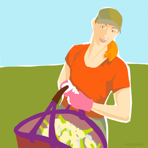 Illustrated self-portrait. The image shows a woman holding a large basket of garlic that has just been harvested. She is wearing a red shirt and green hat with pink gloves. The background is simple areas of blue and green.