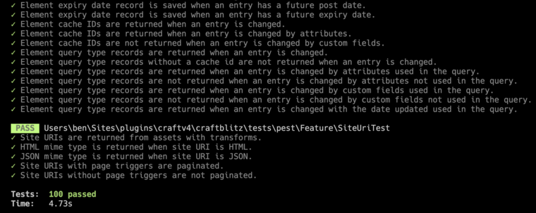 One hundred feature tests running in under five seconds.