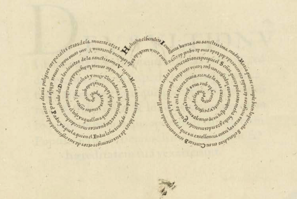 A caligram in the form of eyeglasses, on a page in: "Liber varias diversasque characterum formas continens", http://bdh.bne.es/bnesearch/detalle/bdh0000139678 
