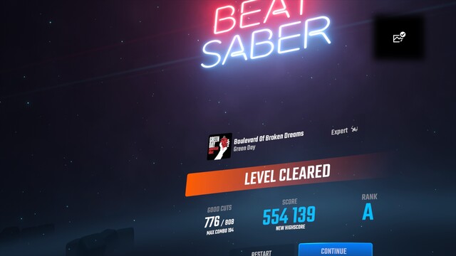 The end of song stats for Boulevard of Broken Dreams on Beat Saber. I got 776/808 good cuts and a score of 554k. Rank A. 