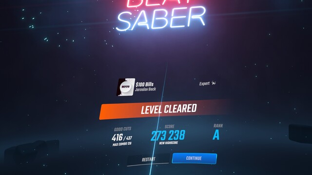 My final score from a run through $100 Bills in Beat Saber. I got 416/437 good cuts and a score of 237k. A rank. 