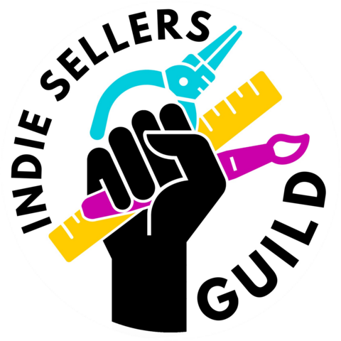 Indie Sellers Guild logo with a raised fist holding colorful pliers, a ruler and a paint brush