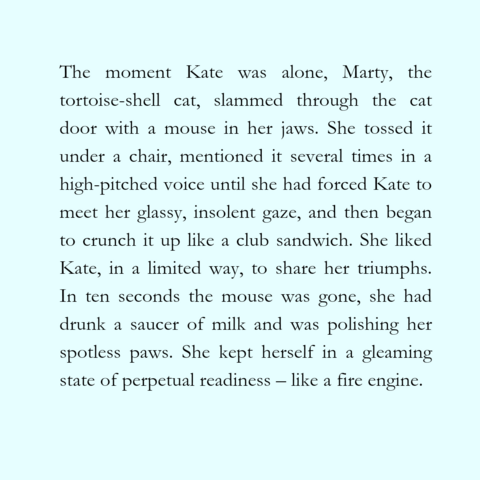 The moment Kate was alone, Marty, the tortoise-shell cat, slammed through the cat door with a mouse in her jaws. She tossed it under a chair, mentioned it several times in a high-pitched voice until she had forced Kate to meet her glassy, insolent gaze, and then began to crunch it up like a club sandwich. She liked Kate, in a limited way, to share her triumphs. In ten seconds the mouse was gone, she had drunk a saucer of milk and was polishing her spotless paws. She kept herself in a gleaming state of perpetual readiness – like a fire engine.