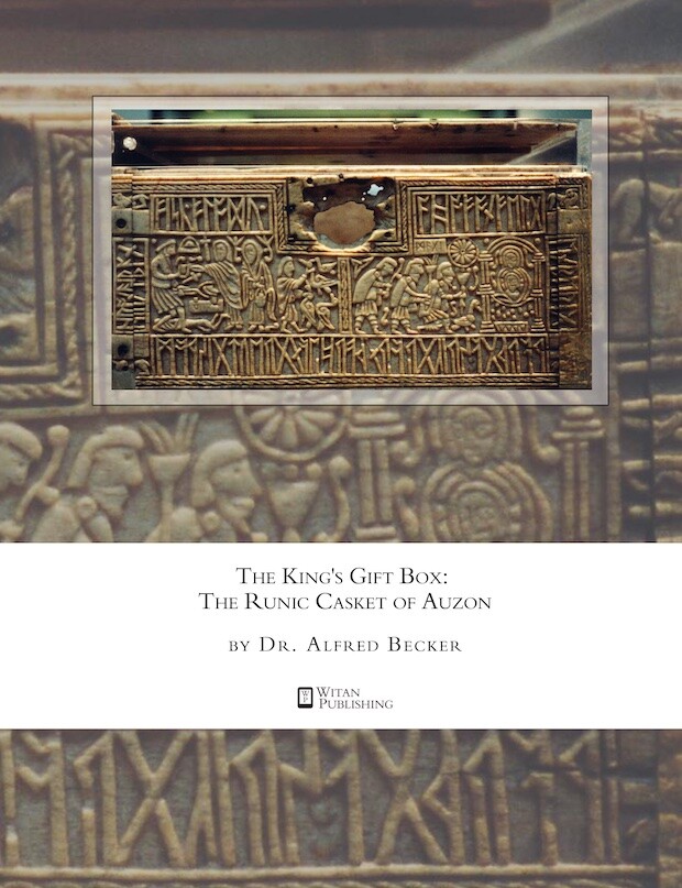 The cover of the book, The King's Gift Box, featuring a picture of the front side of the box.  The box has carved runes, figures of people, and a large hole.
