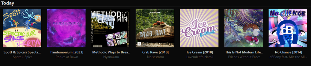 a screenshot of recent Bandcamp purchases, including Spott & Spica’s Spectacular Space sParth, Pandemonium by Ponies at Dawn (pre-order), Methodic Ways to Break a Mind by Nyanakaru, Crab Rave by Noisestorm, Ice Cream by Lavender Harmony, This Is Not Modern Life by Friends Without Faces, and No Chance by dBPony