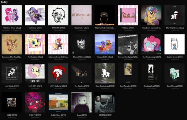 a screenshot of the rest of my Bandcamp Friday haul, namely the entirety of Nyanakaru's discography (except Methodic Ways to Break a Mind from the previous screenshot)