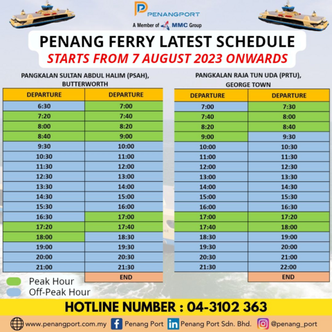 Timetable of new Penang ferry starting from 7 August 2023.
