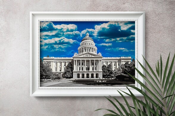 California State Capitol in Sacramento, in black and white, only with the sky in blue as a wall art