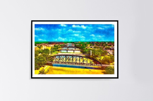 Bridges over Brazos River in Waco, Texas, in a watercolor painting, wall art