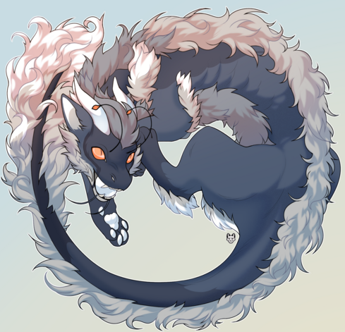an art piece of a fluffy dragon with an egg in its mouth