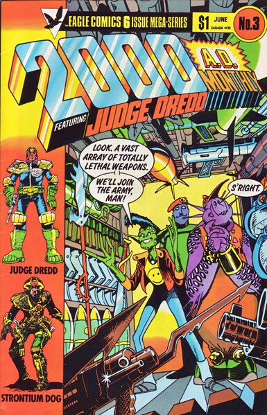 The front cover of 2000 AD Monthly, Vol 1, No 3 for June 1985, featuring an illustration of DR and Quinch surveying a room full of weaponry and contemplating joining the army.