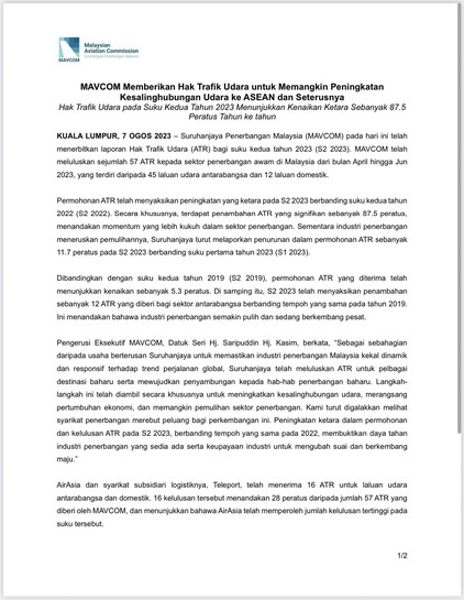 The statement that was published on the social media account owned by Ministry of Transport Malaysia, written in Malay. Page 1 of 2.