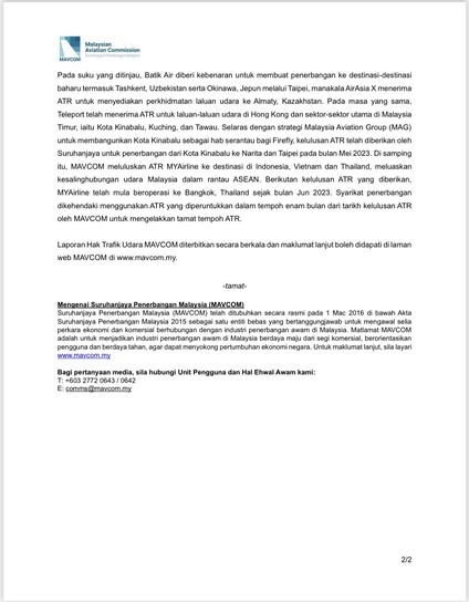 The statement that was published on the social media account owned by Ministry of Transport Malaysia, written in Malay. Page 2 of 2.