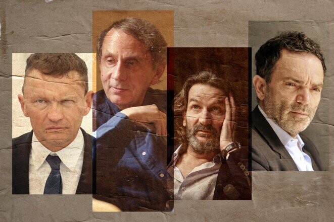 Sylvain Tesson, Michel Houellebecq, Frédéric Beigbeder et Yann Moix. © Photomontage Mediapart avec REA / Sipa / Abaca