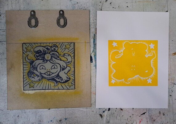 Lino block and print with the first yellow layer of a reduction block print. Based on Dusa from the video game Hades.