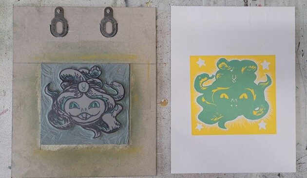 Lino block and print with the second light green layer on top of the first yellow layer of a reduction block print. Based on Dusa from the video game Hades.