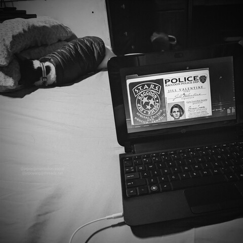 Sleeping cat and an HP netbook with Resident Evil Death Island on screen. 