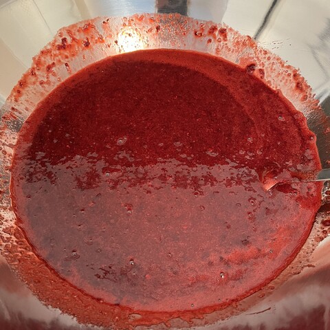 Large stainless steel bowl full of raspberry goo. It is a glorious deep pinkish red. 