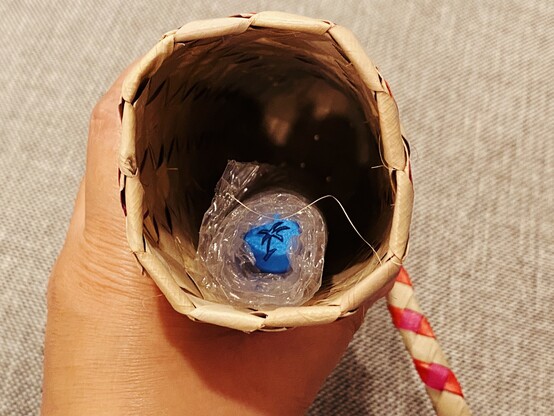 Looking into the pen case at the Kasama fountain pen wrapped in bubble wrap, the palm tree logo visible at the top of the cap