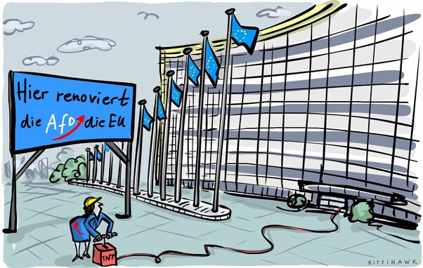 Eine Person in AfD-Blau und mit Bauhelm an einem Sprengungs-Auslöser auf dem "TNT" steht. Die Lunte führt ins Gebäude der EU-Kommission. Hinter der Person steht auf einem Bau-Schild: "Hier renoviert die AfD die EU."