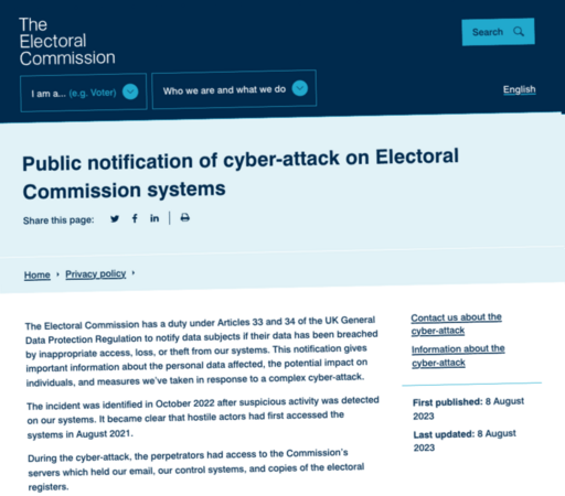 a screenshot of the Electoral Commission's website with a notice about the cyberattack