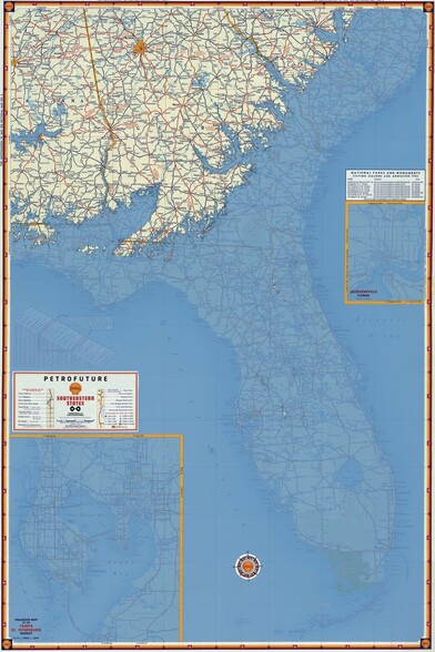 1956 Shell gas station map of Florida with 66 meters sea level rise
