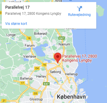 Osoite "Parallelvej 17, DK-2800 Kgs. Lyngby" karttahaun tuloksena, sijaitsee Kööpenhaminasta vähän pohjoiseen