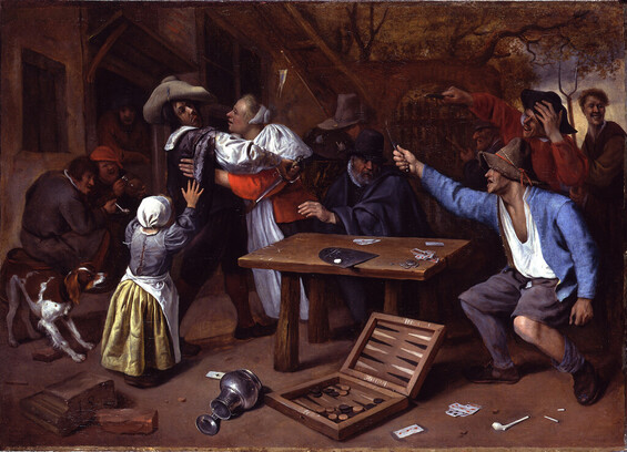 A crowd of people indoors, two fighting around a backgammon table with some pieces of the game on the floor. Flickr user johnmcnab