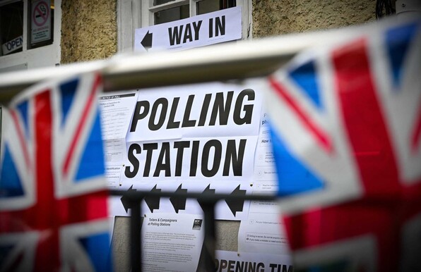 Union flag bunting is seen outside Canford Cliffs Library Polling station, as people go to the polls in the local elections in 2023