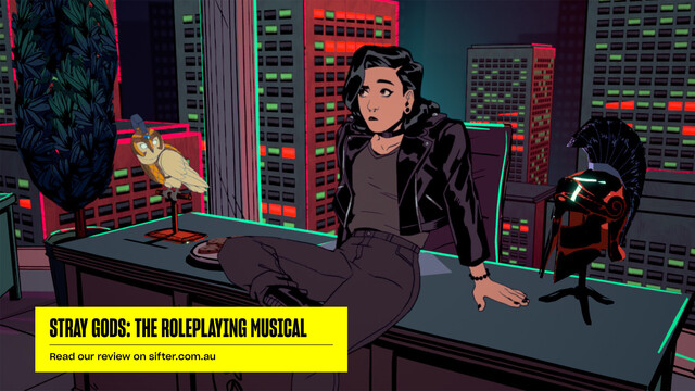 A screenshot from the video game stray gods the roleplaying musical showing main character grace a young woman with dark hair a leather jacket a plain grey top and dark trousers sitting on a desk with a greek warrior helmet and an owl  the desk is in front of a large window showing a city scape. the text reads stray gods the roleplaying musical, read our review on sifter.com.au
