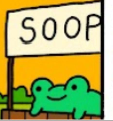 The Greb comics cartoon frog leaving over the counter of a roadside stand with the banner reading SOOP