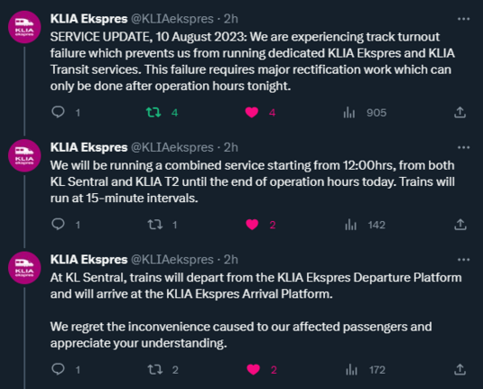 Screenshot from one of the social media where ERL post updates of their KLIA Ekspres and KLIA Transit train service operations.