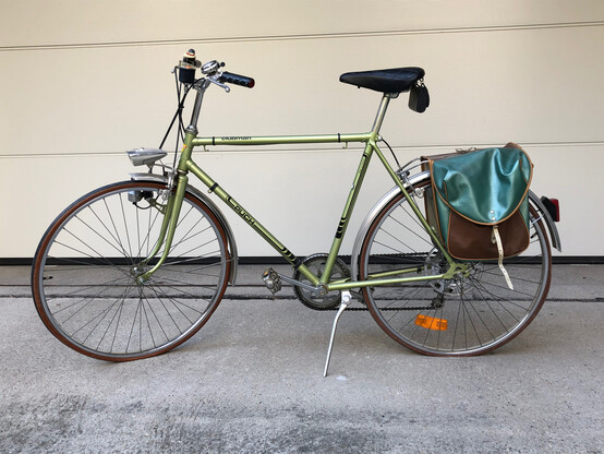 Ein grünes Herrenfahrrad der Marke Puch Clucman mit grünen Kunstledersatteltaschen