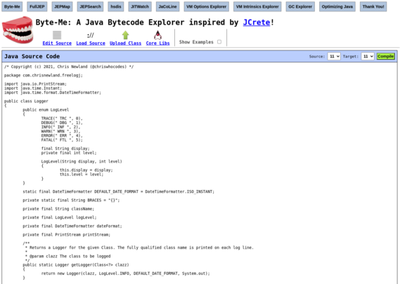 Screenshot from https://byte-me.dev showing Java source code loaded from an external URL into the editor.
