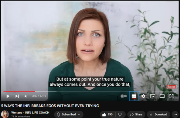 5 WAYS THE INFJ BREAKS EGOS WITHOUT EVEN TRYING
https://www.youtube.com/watch?v=ZUBXVqsQ-lM
7,460 views  9 Aug 2023  2023 Videos
GET READY FOR BOOTCAMP 🚀:
1. Download free 5 Pillars INFJ EPIC LIFE poster: http://bit.ly/5pillarsepiclife
2. Join INFJ Bootcamp Waiting List http://bit.ly/bootcampWL
3. set a reminder FREE Masterclass Youtube, Aug 19th: https://youtube.com/live/LQjVt7VBp-c

INFJ Life Coach  Lesson: Today's topic: The INFJ's unintentional ego demolition - 5 ways we break egos effortlessly. Every INFJ I've spoken to shares the same perplexing story: "I was just being myself and suddenly people were offended. It's like I shattered their ego with a single glance." It seems that INFJs have a knack for triggering intense reactions in others. So let's dive into the five ways we unwittingly crush egos and ponder whether it's our problem or theirs. How on earth do we handle this fragile situation? Let's find out.

All INFJ EPIC LIFE Programs: https://programs.wenzes.com/collections
Free Resources: https://wenzes.com/INFJ-Free-Resource/

Website: http://www.wenzes.com/
Instagram: https://www.instagram.com/wenzes_
Facebook: https://www.facebook.com/CoachWenzes